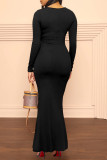Red Casual Solid Patchwork V Neck Long Sleeve Dresses