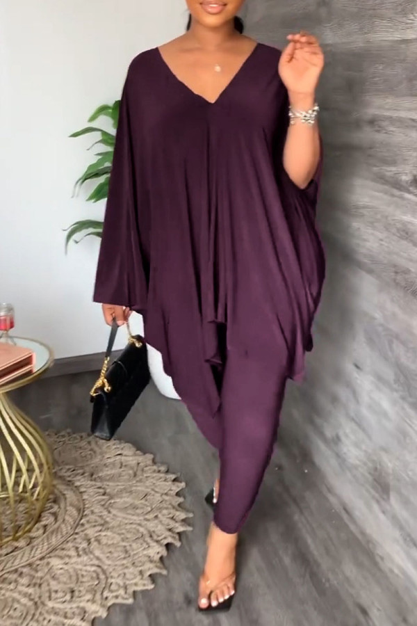 Purple Casual Solid Patchwork V Neck Long Sleeve Two Pieces