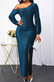 Black Sexy Solid Patchwork Slit Oblique Collar Dresses