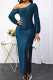 Peacock Blue Sexy Solid Patchwork Slit Oblique Collar Dresses