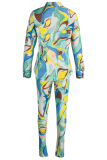 Yellow Casual Print Patchwork Turndown Collar Long Sleeve Two Pieces