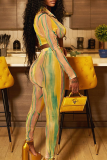 Yellow Sexy Print Patchwork Turndown Collar Long Sleeve Two Pieces