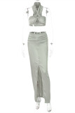 Green Sexy Solid Hollowed Out Backless Halter Sleeveless Two Pieces