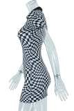 Black Sexy Plaid Patchwork Turndown Collar Pencil Skirt Dresses
