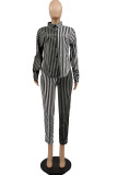 Red Casual Striped Print Patchwork Turndown Collar Long Sleeve Two Pieces