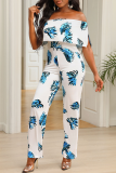 White Casual Print Patchwork Off the Shoulder Regular Jumpsuits