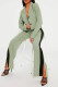Light Green Casual Solid Patchwork Buttons Turn-back Collar Long Sleeve Two Pieces