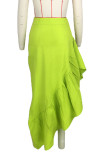 Green Casual Solid Patchwork Flounce Asymmetrical High Waist Solid Color Bottoms
