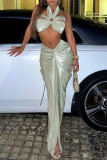 Green Sexy Solid Hollowed Out Backless Halter Sleeveless Two Pieces