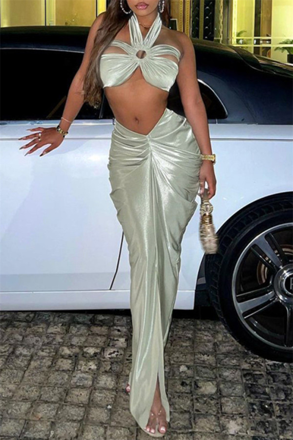 Green Sexy Solid Hollowed Out Backless Halter Sleeveless Two Pieces
