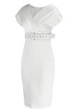 White Casual Solid Patchwork Fold V Neck One Step Skirt Dresses