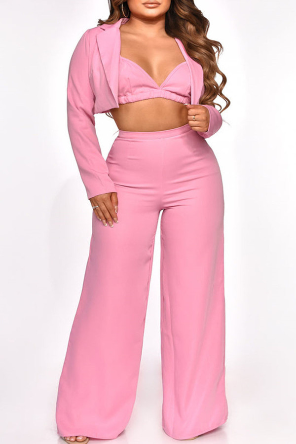 Pink Sexy Solid Patchwork Turn-back Collar Long Sleeve Three Pieces