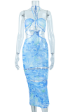 Sky Blue Sexy Print Hollowed Out Halter Pencil Skirt Dresses