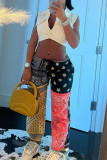 Multicolor Casual Print Patchwork Regular Mid Waist Trousers