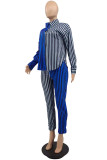 Red Casual Striped Print Patchwork Turndown Collar Long Sleeve Two Pieces