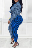 Red Casual Striped Print Patchwork Turndown Collar Long Sleeve Two Pieces