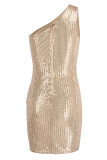 Apricot Sexy Solid Sequins Patchwork Oblique Collar Pencil Skirt Dresses