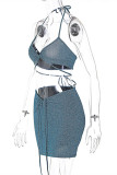 Blue Sexy Solid Bandage Backless Spaghetti Strap Sleeveless Two Pieces