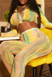 Yellow Sexy Print Patchwork Turndown Collar Long Sleeve Two Pieces