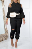 Black Casual Solid Ripped Hollowed Out Patchwork Hooded Collar Long Sleeve Two Pieces