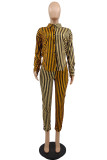 Red Casual Striped Print Patchwork Turndown Collar Long Sleeve Two Pieces