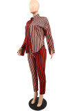 Red Casual Striped Print Patchwork Turndown Collar Long Sleeve Two Pieces