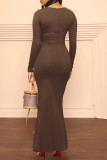 Red Casual Solid Patchwork V Neck Long Sleeve Dresses