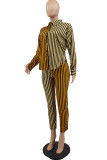 Red Casual Striped Print Patchwork Turndown Collar Long Sleeve Two Pieces
