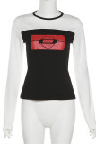Black Casual Print Patchwork O Neck Tops