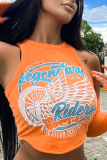 Orange Sexy Print Patchwork O Neck Tops