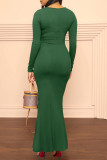 Red Casual Solid Patchwork V Neck Long Sleeve Dresses