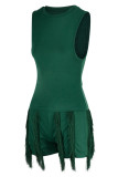 Ink Green Casual Solid Tassel Patchwork O Neck Sleeveless Two Pieces
