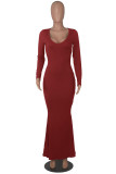 Red Casual Solid Patchwork V Neck Long Sleeve Dresses