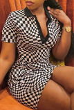 Black Sexy Plaid Patchwork Turndown Collar Pencil Skirt Dresses