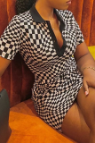 Black Sexy Plaid Patchwork Turndown Collar Pencil Skirt Dresses