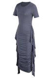 Sky Blue Fashion Solid Flounce Fold O Neck Pencil Skirt Dresses