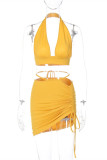 Yellow Sexy Solid Hollowed Out Draw String Frenulum Backless Halter Sleeveless Two Pieces