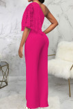 Rose Red Sexy Solid Patchwork Oblique Collar Straight Jumpsuits