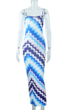 Blue Street Print Patchwork Spaghetti Strap Pencil Skirt Dresses