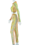 Yellow Sexy Print Patchwork Turndown Collar Long Sleeve Two Pieces
