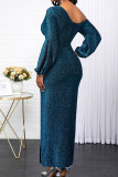 Black Sexy Solid Patchwork Slit Oblique Collar Dresses
