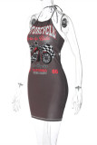 Brown Sexy Print Bandage Backless Halter Sleeveless Dress Dresses