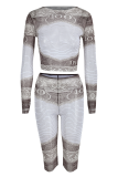 Apricot Sexy Print Mesh O Neck Long Sleeve Two Pieces