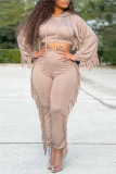 Pink Casual Solid Tassel Patchwork Hooded Collar Long Sleeve Two Pieces