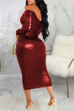 Burgundy Sexy Solid Backless Off the Shoulder Pencil Skirt Dresses