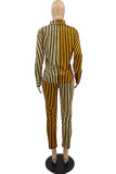Red Casual Striped Print Patchwork Turndown Collar Long Sleeve Two Pieces