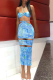Sky Blue Sexy Print Hollowed Out Halter Pencil Skirt Dresses