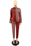 Red Casual Striped Print Patchwork Turndown Collar Long Sleeve Two Pieces
