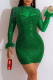 Green Sexy Patchwork Hot Drilling See-through Half A Turtleneck Long Sleeve Dresses