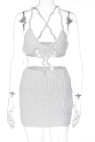 White Sexy Solid Patchwork Spaghetti Strap Sleeveless Two Pieces